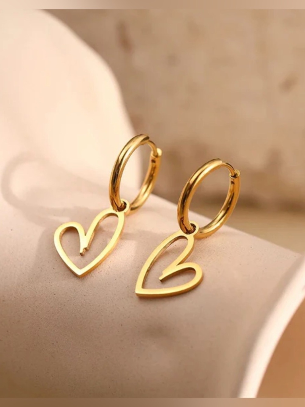 Gold Heart Hoop Drop Earrings - Stainless Steel